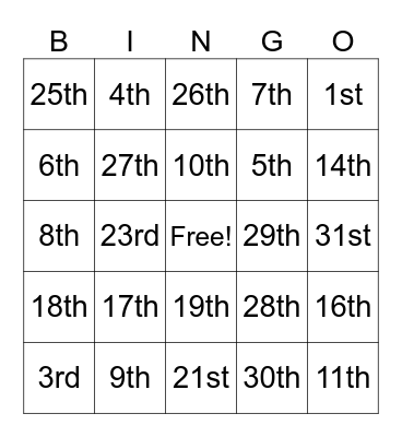 Cardinal Numbers Bingo Card
