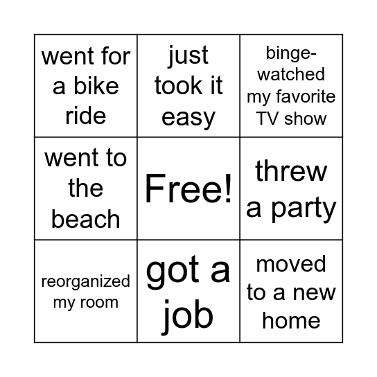 What did you do during your summer vacation? Bingo Card