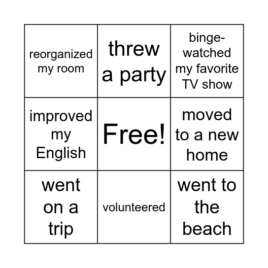 What did you do during your summer vacation? Bingo Card