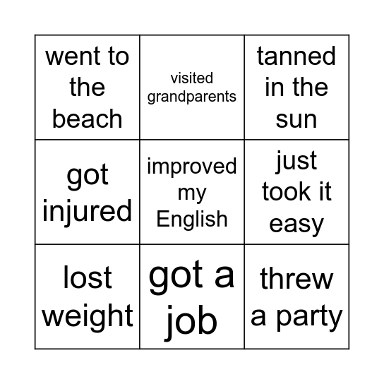 What did you do during your summer vacation? Bingo Card