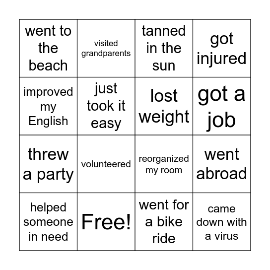 What did you do during your summer vacation? Bingo Card