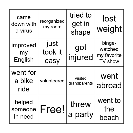 What did you do during your summer vacation? Bingo Card