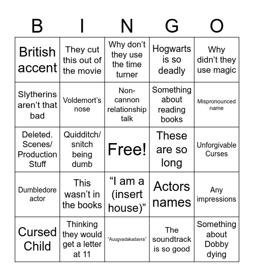 Harry Potter Marathon Bingo Card