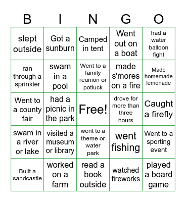 Summer Vacation Bingo Card