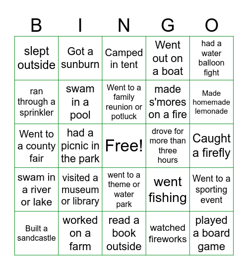 Summer Vacation Bingo Card