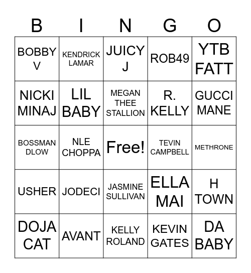TRAP N DAB and R&b Bingo Card