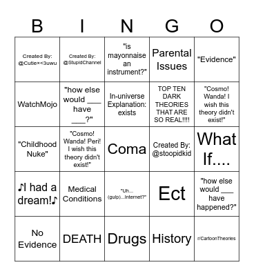 Cartoon Theory Bingo Card