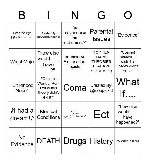 Cartoon Theory Bingo Card