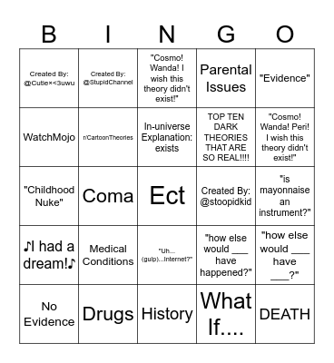 Cartoon Theory Bingo Card