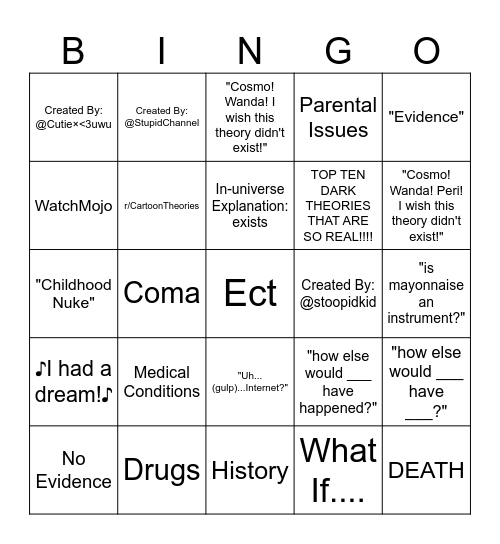 Cartoon Theory Bingo Card
