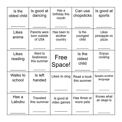 First Day of School Bingo Card
