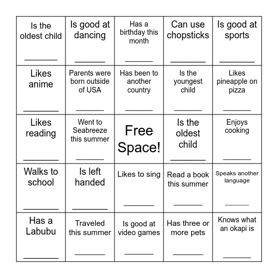 First Day of School Bingo Card