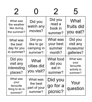 Summer questions Bingo Card
