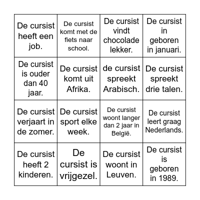Bingo kennismaking (ja/nee-vragen). Bingo Card