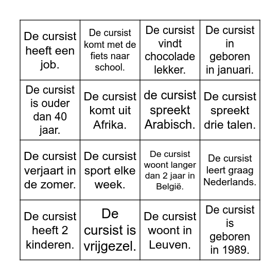 Bingo kennismaking (ja/nee-vragen). Bingo Card