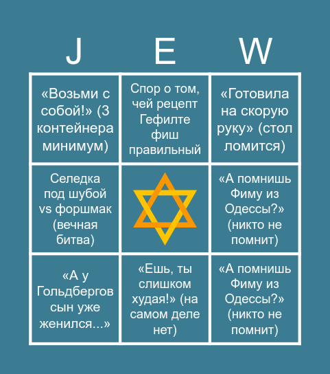 Бинго еврейского застолья Bingo Card