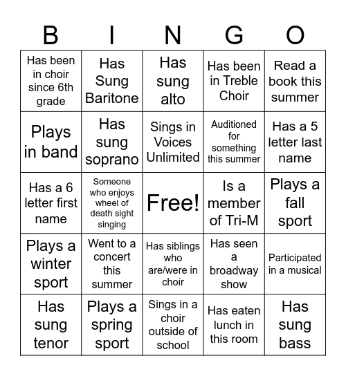 First Day of Choir Bingo: Chamber Edition Bingo Card