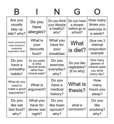 Healthy Life Bingo Card