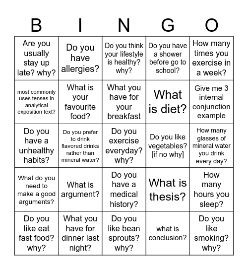 Healthy Life Bingo Card