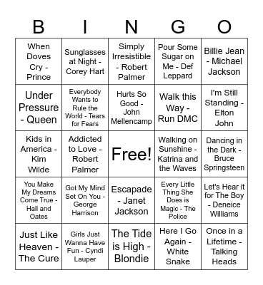 80s Summer Jams Bingo Card