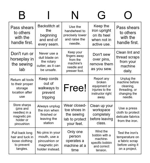 Sewing is FUN Bingo Card