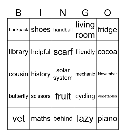 Vocabulary revision - 5th grade Bingo Card