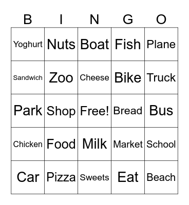 Transportation and Food Bingo Card