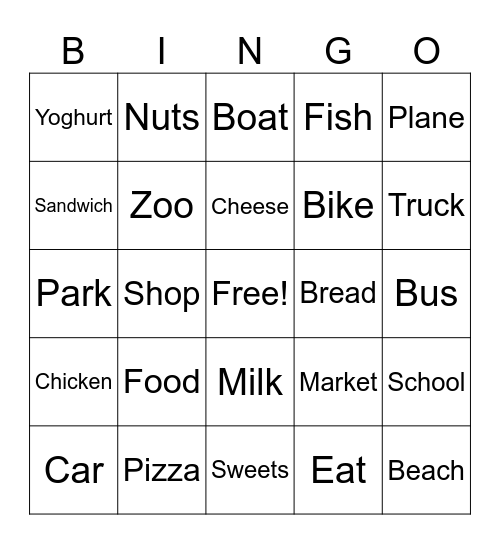 Transportation and Food Bingo Card