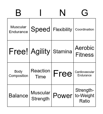 Fitness Lesson 1 starter Bingo Card