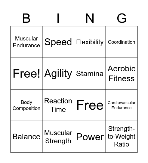 Fitness Lesson 1 starter Bingo Card