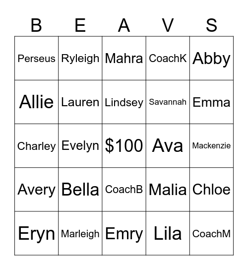 BEAVER BINGO Card