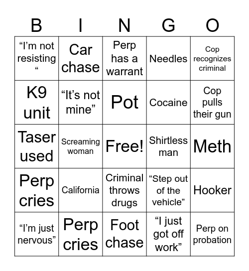 Cops Bingo Card