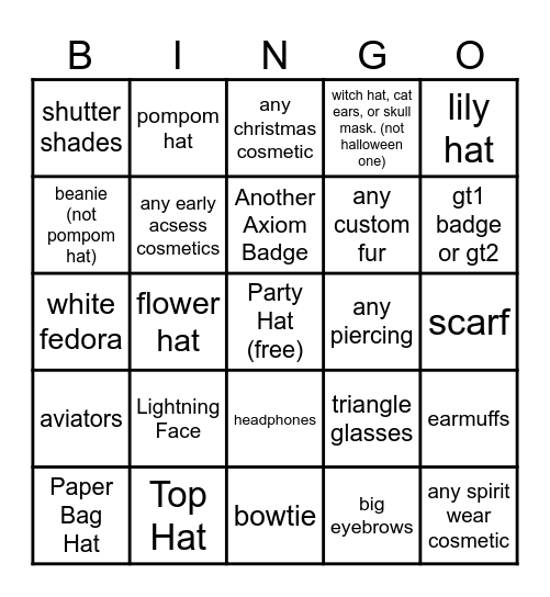 Egg's Cosmetic Bingo Card