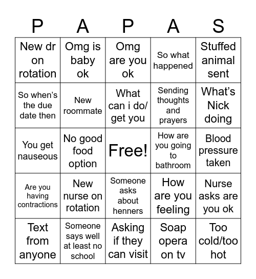 Hospital Bingo Card