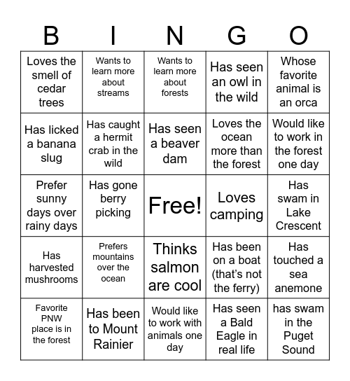 Ecology Bingo Card