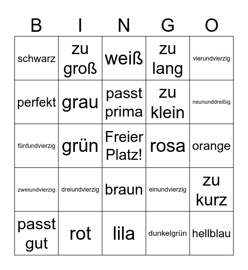 Willkommen zurueck!  Farben, Zahlen, und Adjektive Bingo Card