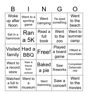What Did You Do This Summer? Bingo Card