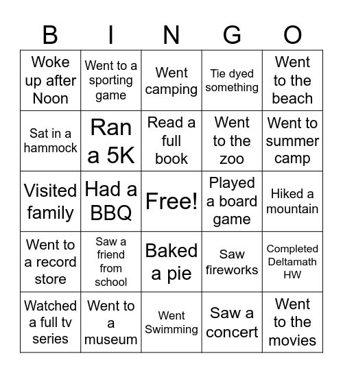 What Did You Do This Summer? Bingo Card