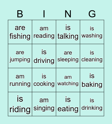 Present Continuous Tense Bingo Card
