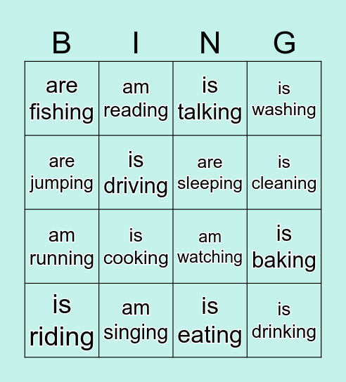 Present Continuous Tense Bingo Card