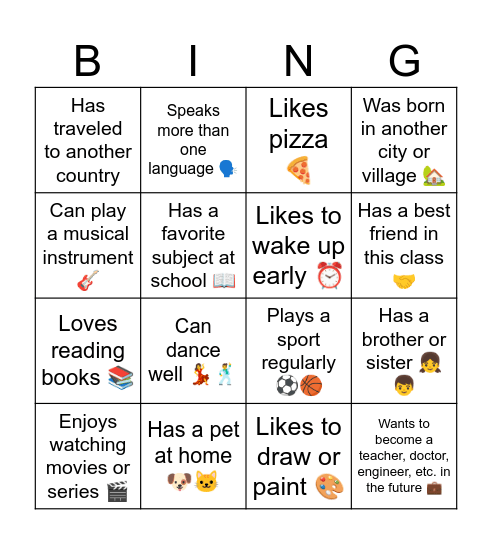 Let's meet each other Bingo Card