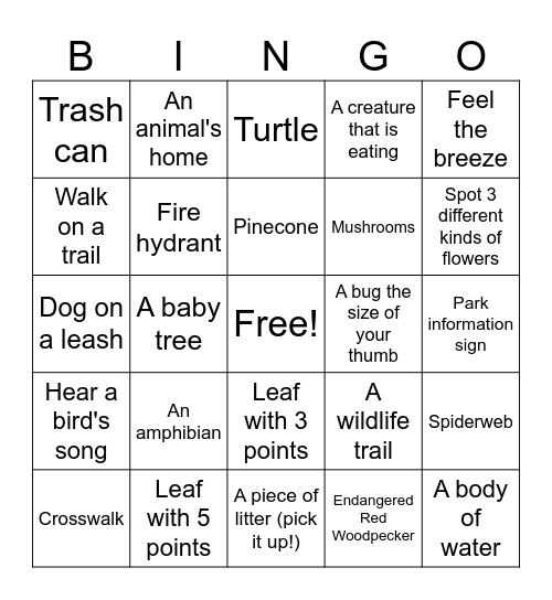 Nature Walk Bingo Card