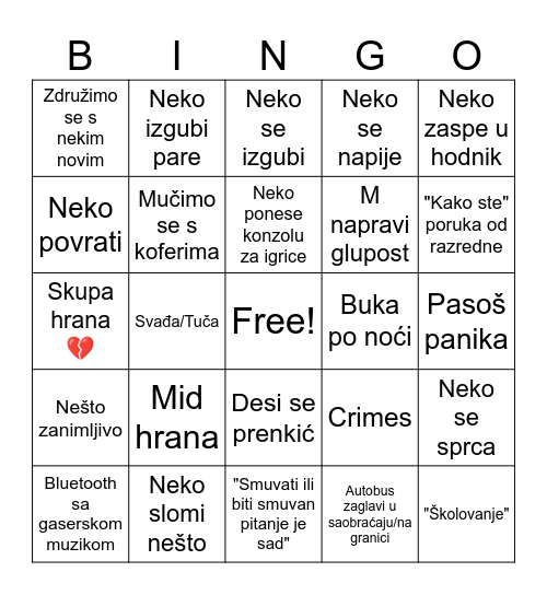 Ekskurzija Bingo Card