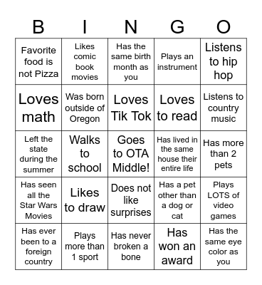 Middle School Bingo Card