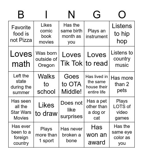 Middle School Bingo Card