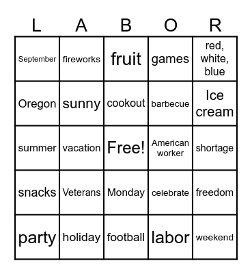 Labor Day Bingo! Bingo Card