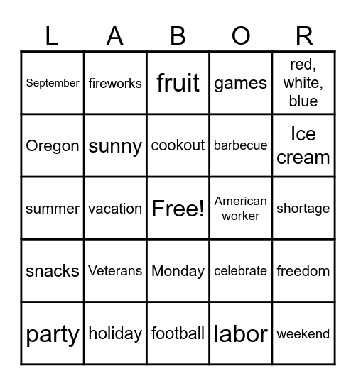 Labor Day Bingo! Bingo Card
