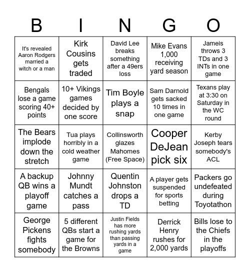 Jameis Chat NFL Bingo 2025 Bingo Card