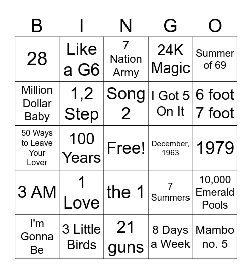 Numbers Bingo Card