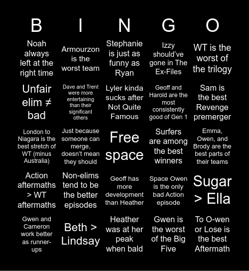 Lou’s probably hot takes Bingo Card